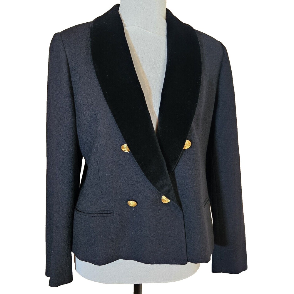 VTG Jones New York Black Double Breasted Blazer 10P Wool Velvet Collar Cropped